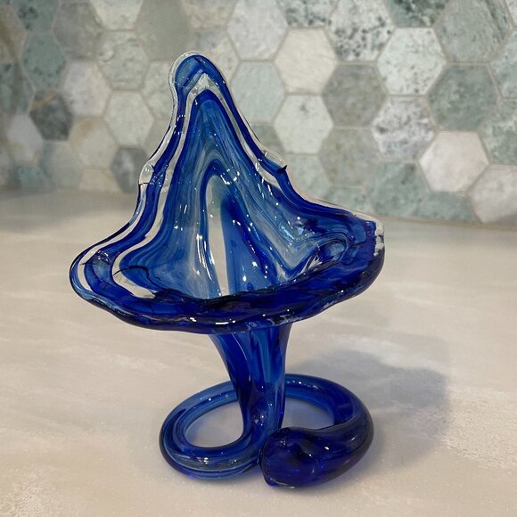 Vintage MCM Blue Cobalt Hand Blown Art Glass Vase Jack in the Pulpit - Picture 1 of 5